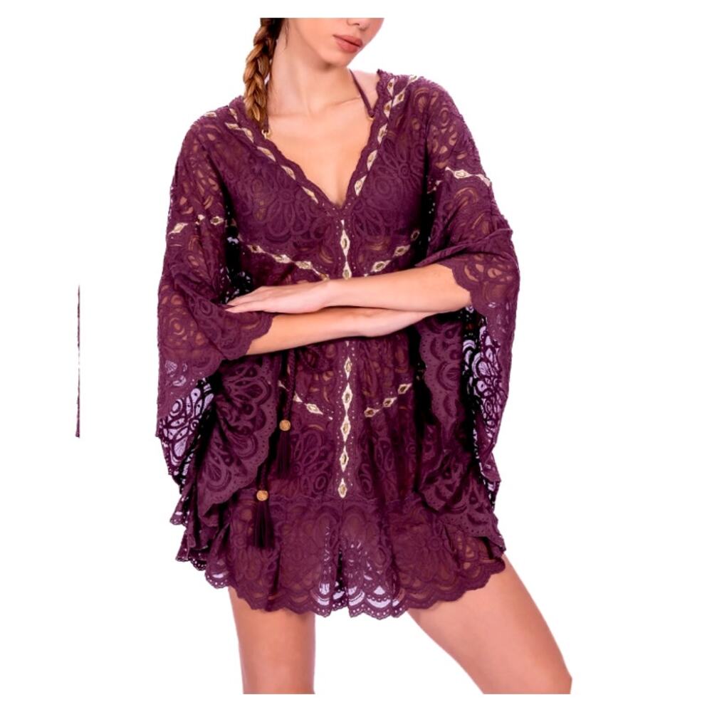 Despi Women's Marsala Lace Ruffle Kaftan Size S
